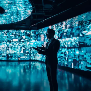 a senior sales exec leading a sales and marketing alignment session in front of large digital screens