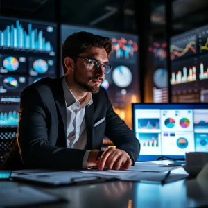 a stylish salesman analyzes data to achieve sales and marketing alignment