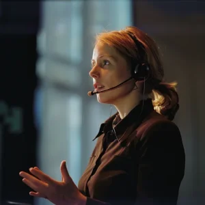 a remote saleswoman running through the parts of a sales pitch over a headset
