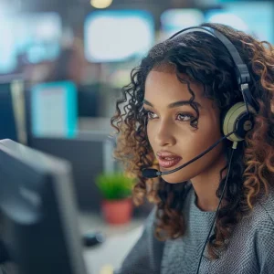 saleswoman carrying out telemarketing sales lead generation by calling prospects on a headset